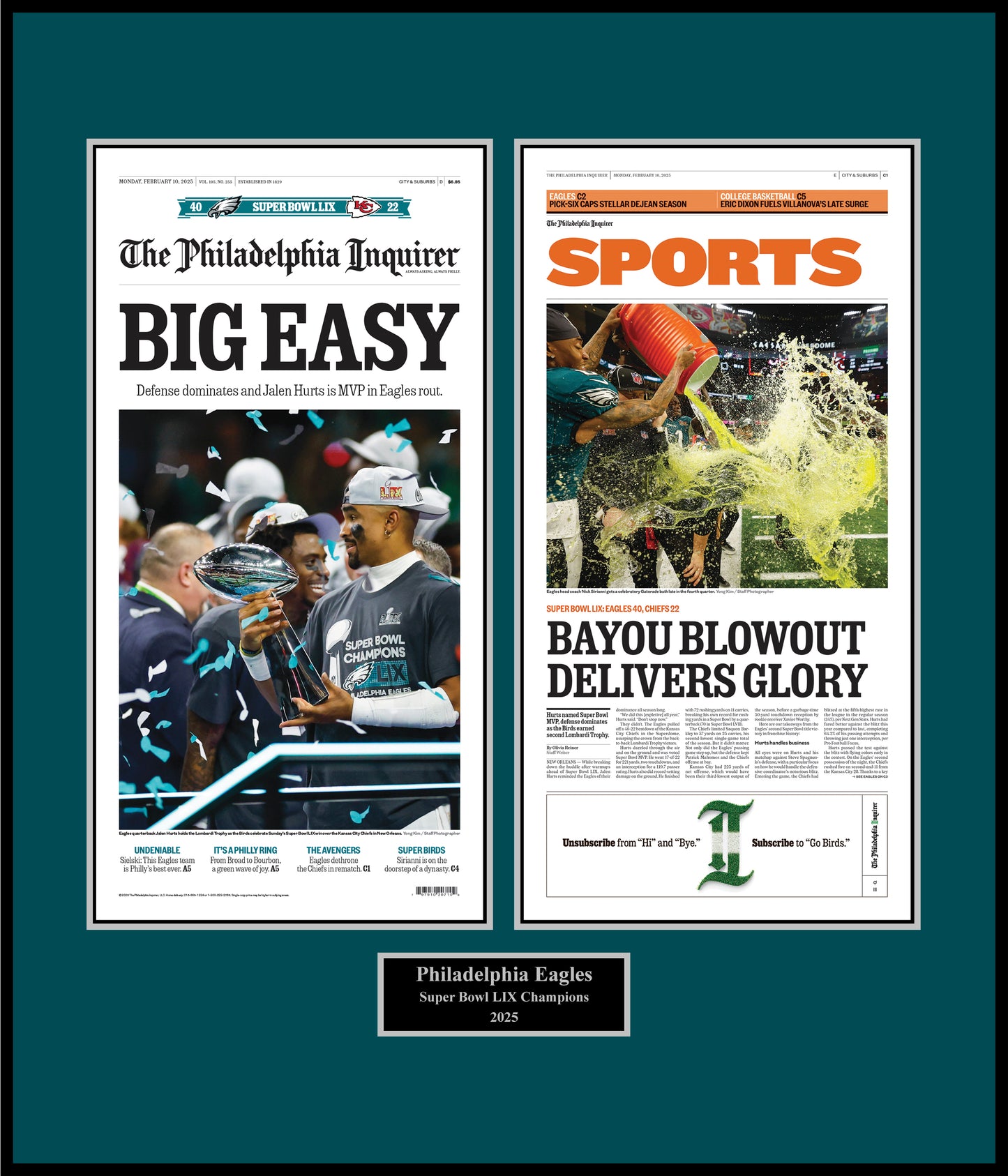 Eagles Super Bowl 2025: Big Easy Sports - 2 Page Plaque